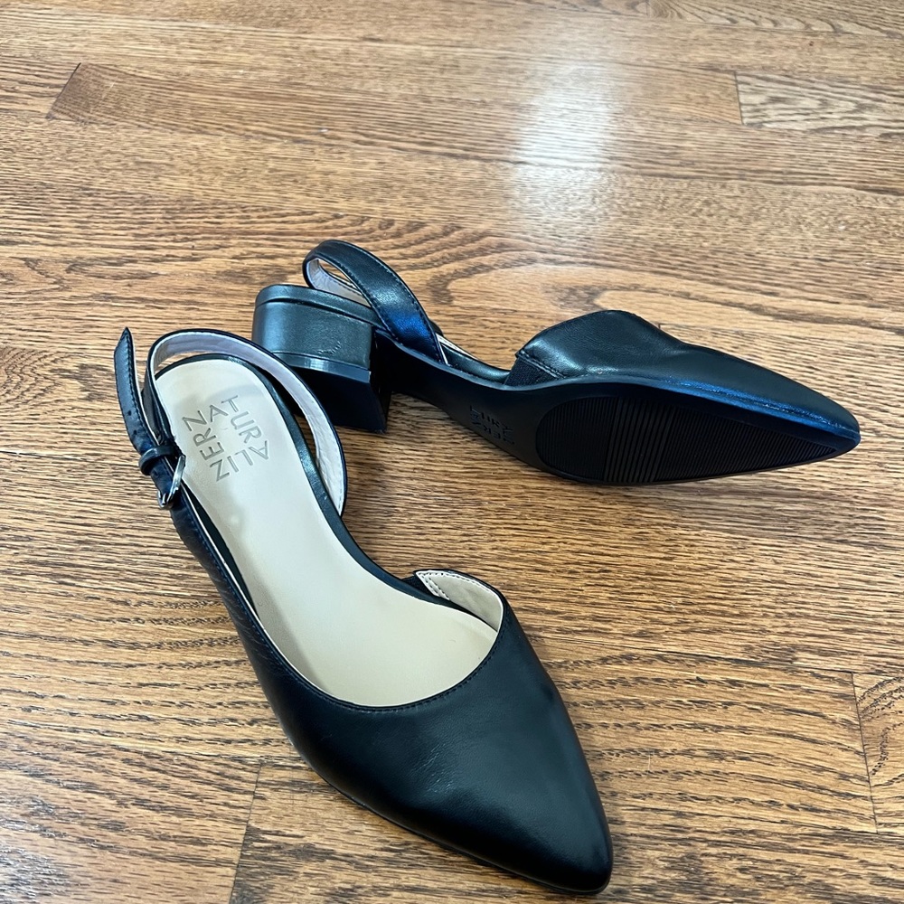 Black leather sling back heel